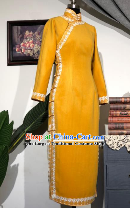 Chinese Traditional Yellow Woolen Qipao Dress National Tang Suit Cheongsam Costumes for Women