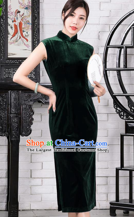 Chinese Traditional Deep Green Velvet Sleeveless Qipao Dress National Tang Suit Cheongsam Costumes for Women