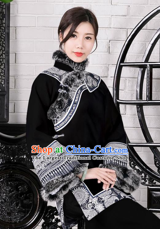 Chinese Traditional Winter Black Woolen Coat National Tang Suit Overcoat Costumes for Women