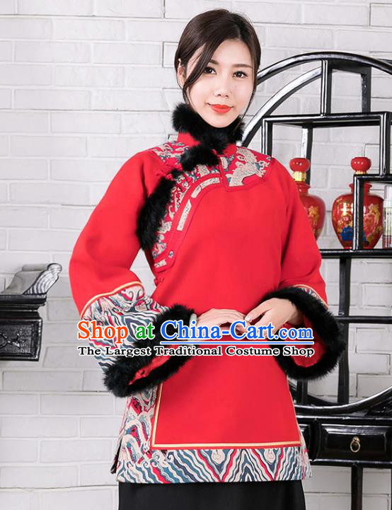 Chinese Traditional Winter Red Woolen Coat National Tang Suit Overcoat Costumes for Women