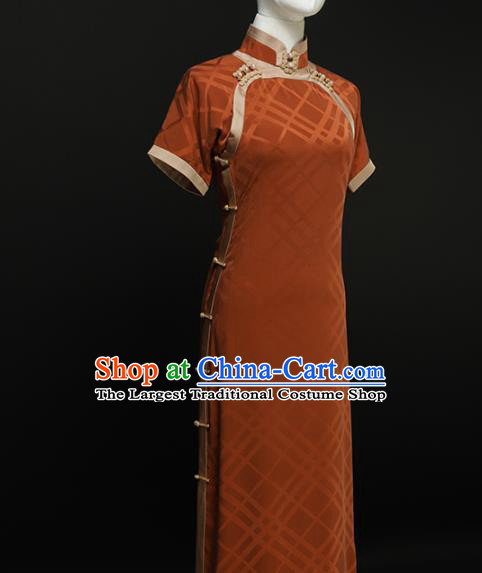 Chinese Traditional Orange Silk Long Qipao Dress National Tang Suit Cheongsam Costumes for Women