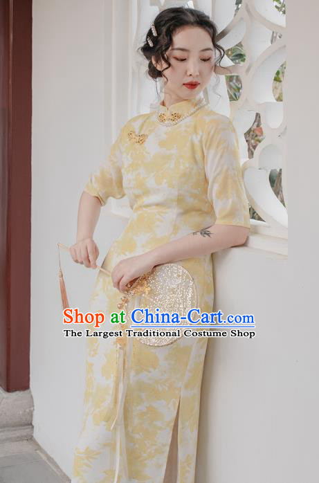 Chinese Traditional Retro Printing Yellow Qipao Dress National Tang Suit Cheongsam Costumes for Women