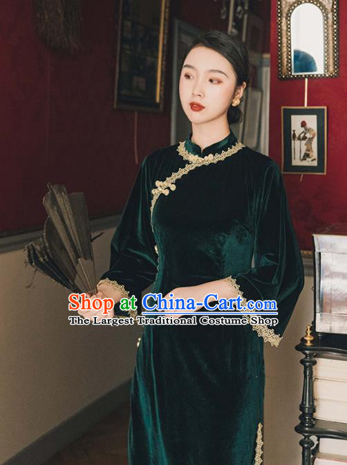 Chinese Traditional Retro Deep Green Velvet Qipao Dress National Tang Suit Cheongsam Costumes for Women