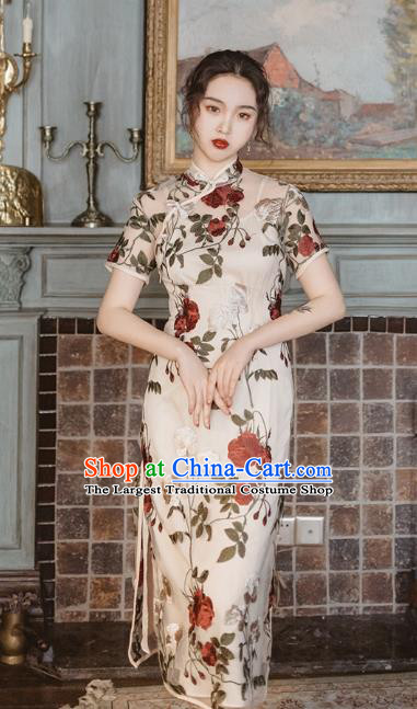 Chinese Traditional Roses Pattern Beige Qipao Dress National Tang Suit Cheongsam Costumes for Women