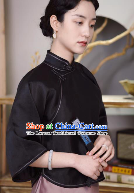 Chinese Traditional Tang Suit Black Organza Blouse National Shirt Upper Outer Garment Costumes for Women