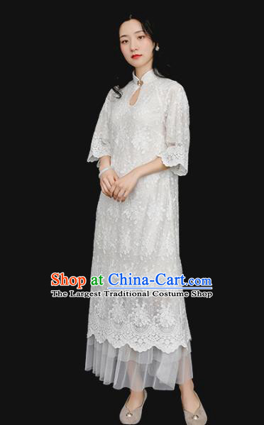 Republic of China Traditional White Lace Qipao Dress Chinese National Tang Suit Cheongsam Costumes for Women