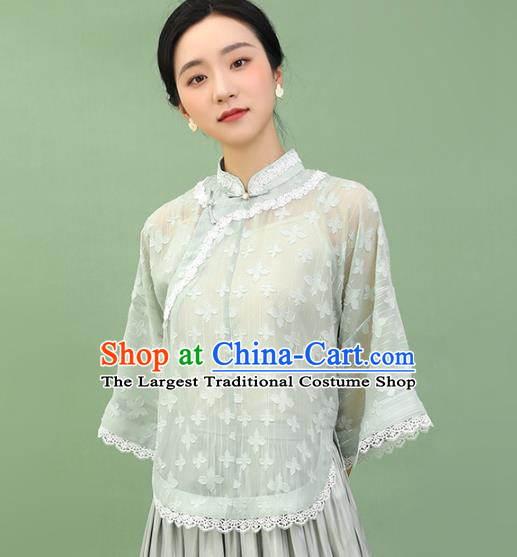 Chinese Traditional Tang Suit Light Green Blouse National Shirt Upper Outer Garment Costumes for Women