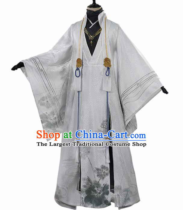 Chinese Traditional Cosplay Royal Highness White Clothing Ancient Swordsman Costumes for Men