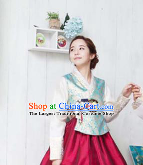 Korean Traditional Bride Hanbok Blue Satin Blouse and Wine Red Dress Garment Asian Korea Fashion Costume for Women