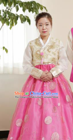 Korean Traditional Bride Hanbok White Blouse and Pink Dress Garment Asian Korea Fashion Costume for Women