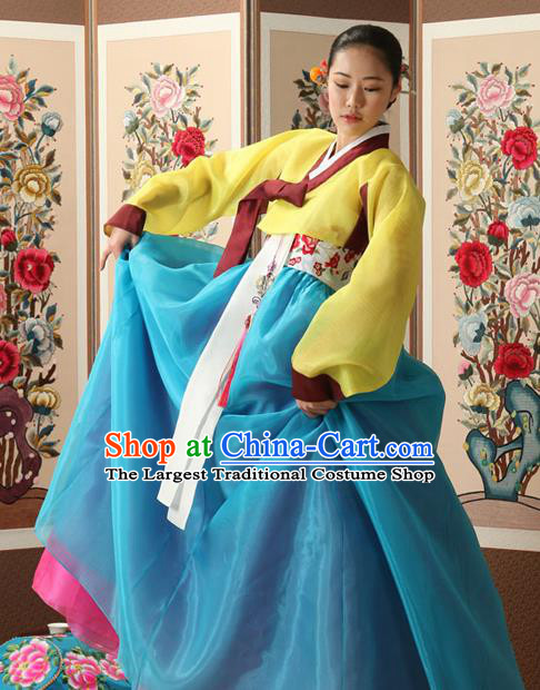 Korean Traditional Court Queen Hanbok Yellow Blouse and Blue Dress Garment Asian Korea Fashion Costume for Women