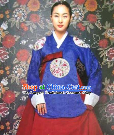 Korean Traditional Dance Hanbok Royalblue Blouse and Red Dress Garment Asian Korea Fashion Costume for Women