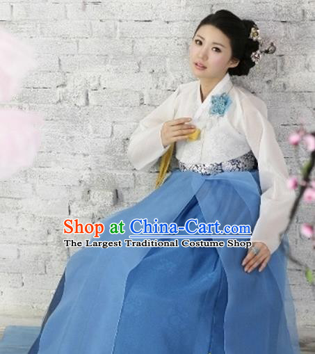 Korean Traditional Dance Hanbok White Blouse and Blue Dress Garment Asian Korea Fashion Costume for Women