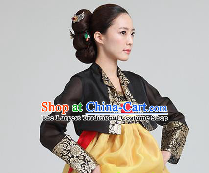 Korean Traditional Dance Hanbok Black Blouse and Yellow Dress Garment Asian Korea Fashion Costume for Women