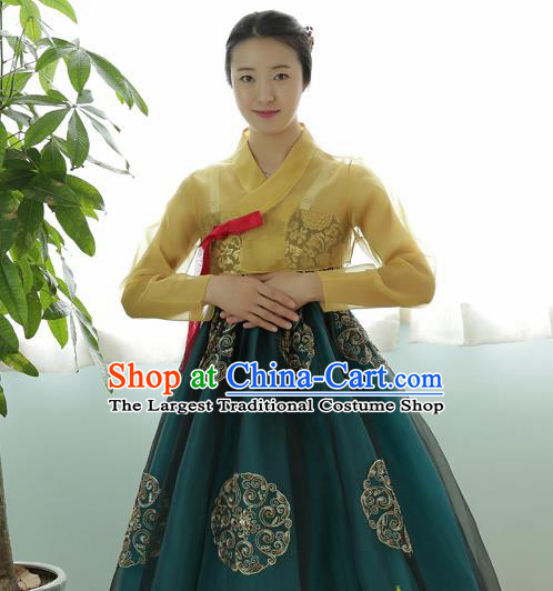 Korean Traditional Dance Hanbok Yellow Blouse and Green Dress Garment Asian Korea Fashion Costume for Women