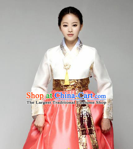 Korean Traditional Court Hanbok White Blouse and Orange Dress Garment Asian Korea Fashion Costume for Women