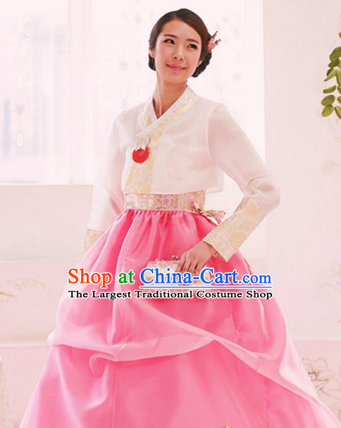 Korean Traditional Court Hanbok White Blouse and Pink Dress Garment Asian Korea Fashion Costume for Women