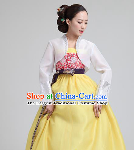 Korean Traditional Court Hanbok White Blouse and Yellow Dress Garment Asian Korea Fashion Costume for Women