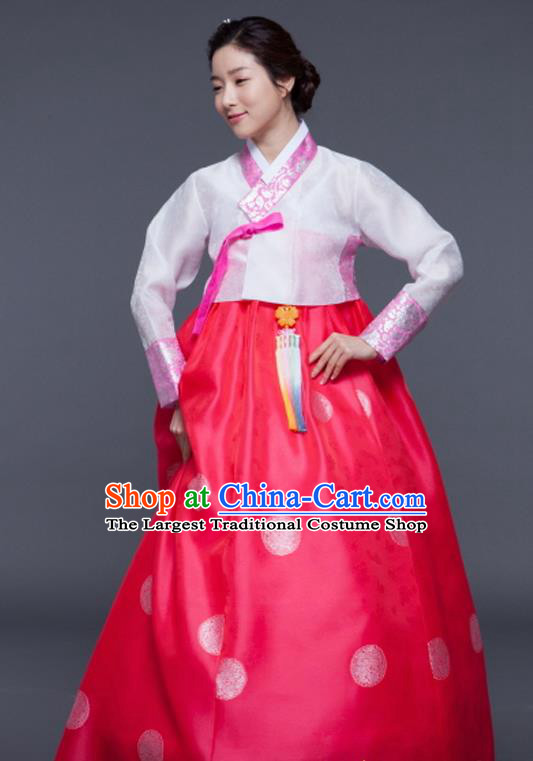 Korean Traditional Court Hanbok White Blouse and Rosy Dress Garment Asian Korea Fashion Costume for Women