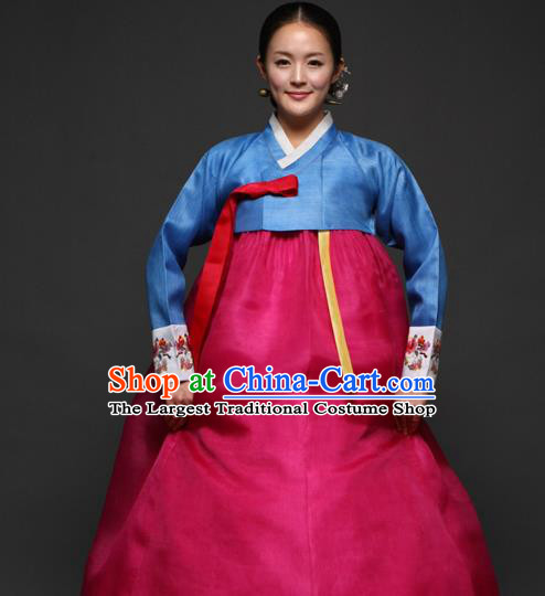 Korean Traditional Court Hanbok Blue Satin Blouse and Rosy Dress Garment Asian Korea Fashion Costume for Women