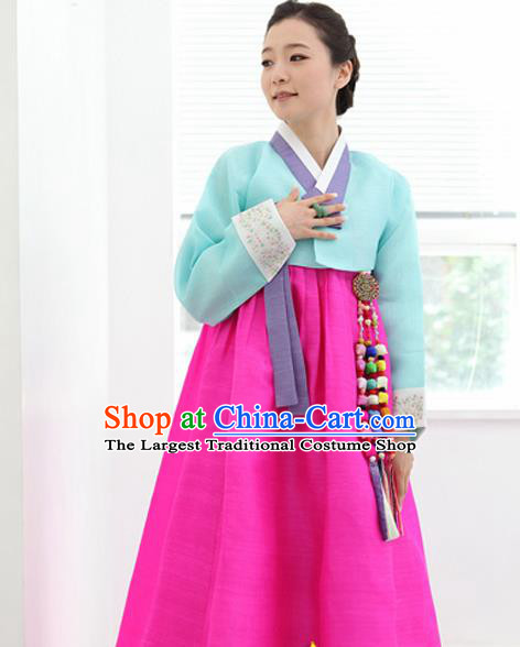 Korean Traditional Mother Hanbok Blue Blouse and Rosy Dress Garment Asian Korea Fashion Costume for Women