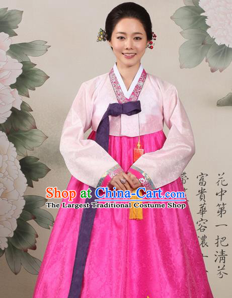 Korean Traditional Mother Hanbok Pink Blouse and Rosy Dress Garment Asian Korea Fashion Costume for Women