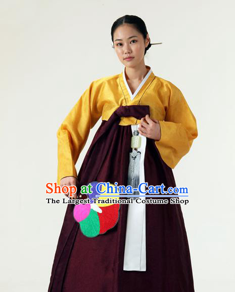 Korean Traditional Court Hanbok Yellow Blouse and Purplish Red Dress Garment Asian Korea Fashion Costume for Women