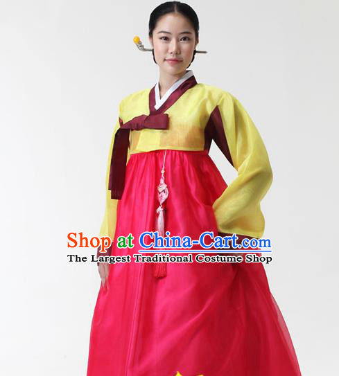 Korean Traditional Hanbok Yellow Blouse and Rosy Dress Garment Asian Korea Fashion Costume for Women