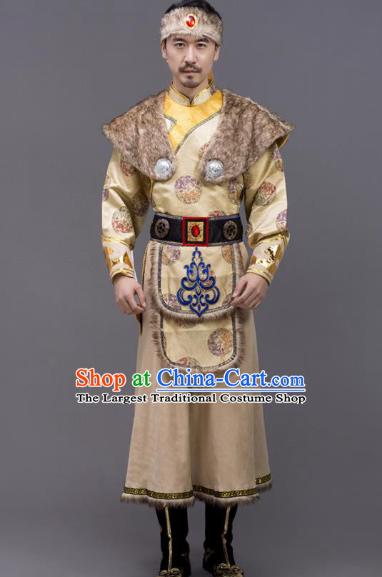 Chinese Traditional Mongol Nationality Stage Show Ginger Garment Ethnic Folk Dance Costume for Men