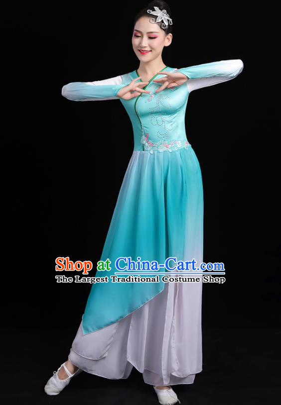 Chinese Traditional Classical Dance Blue Dress Umbrella Dance Stage Performance Costume for Women