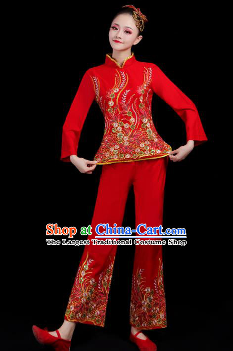 Chinese Traditional Yangko Dance Red Outfits Folk Dance Stage Performance Costume for Women