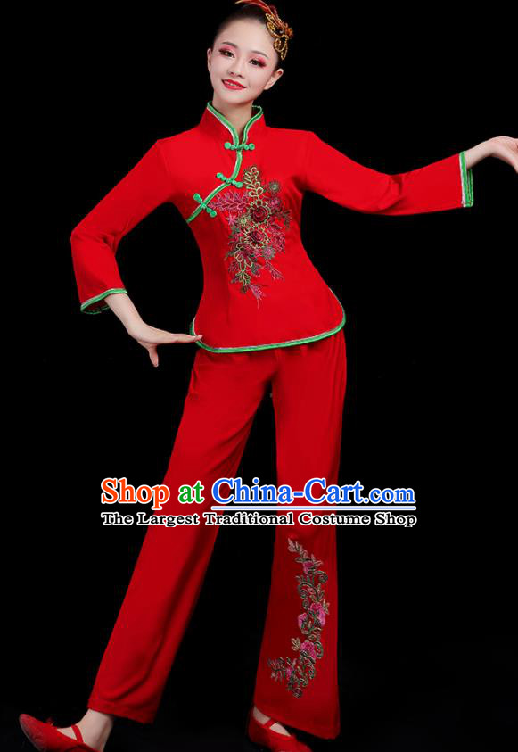 Chinese Traditional Yangko Dance Fan Dance Red Outfits Folk Dance Stage Performance Costume for Women