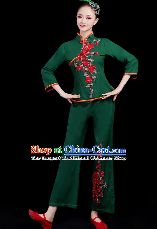 Chinese Traditional Yangko Dance Fan Dance Green Outfits Folk Dance Stage Performance Costume for Women