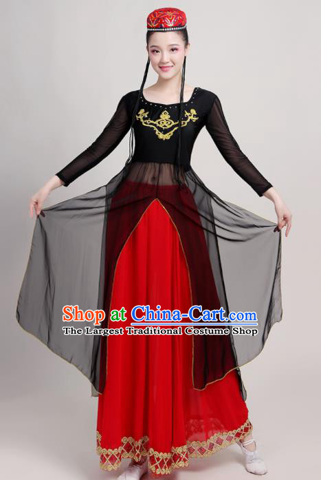 Chinese Traditional Xinjiang Uyghur Nationality Red Dress Uigurian Ethnic Folk Dance Costume for Women