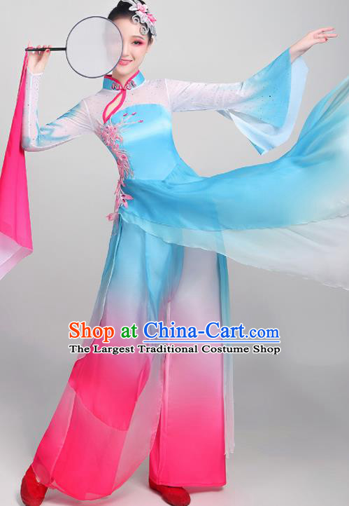 Chinese Traditional Umbrella Dance Fan Dance Blue Dress Classical Dance Stage Performance Costume for Women