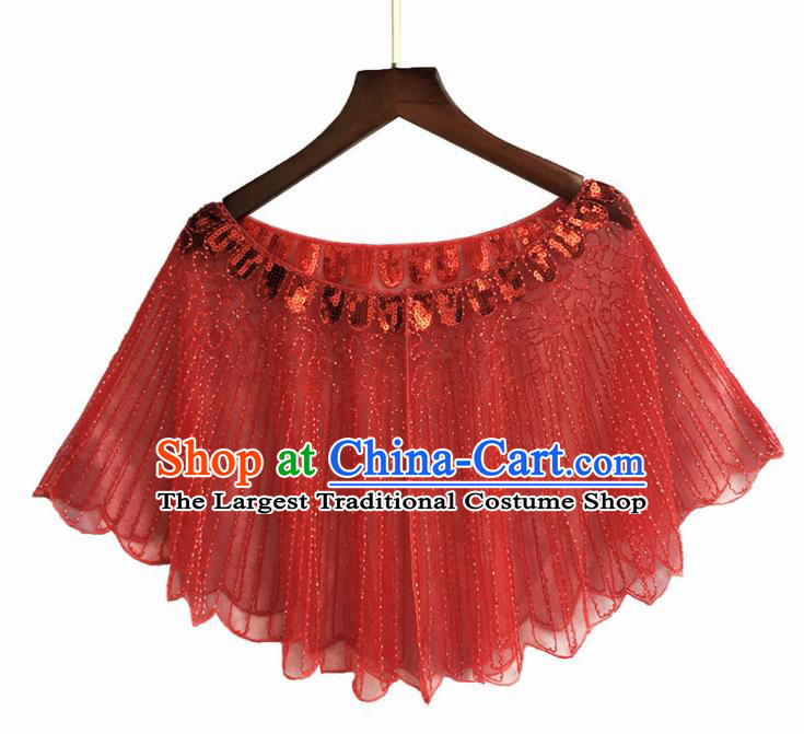 Top Professional Latin Dance Sequins Red Blouse Modern Dance Cloak Stage Performance Costume for Women