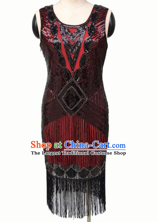 Top Professional Latin Dance Sequins Tassel Red Short Dress Modern Dance Stage Performance Costume for Women