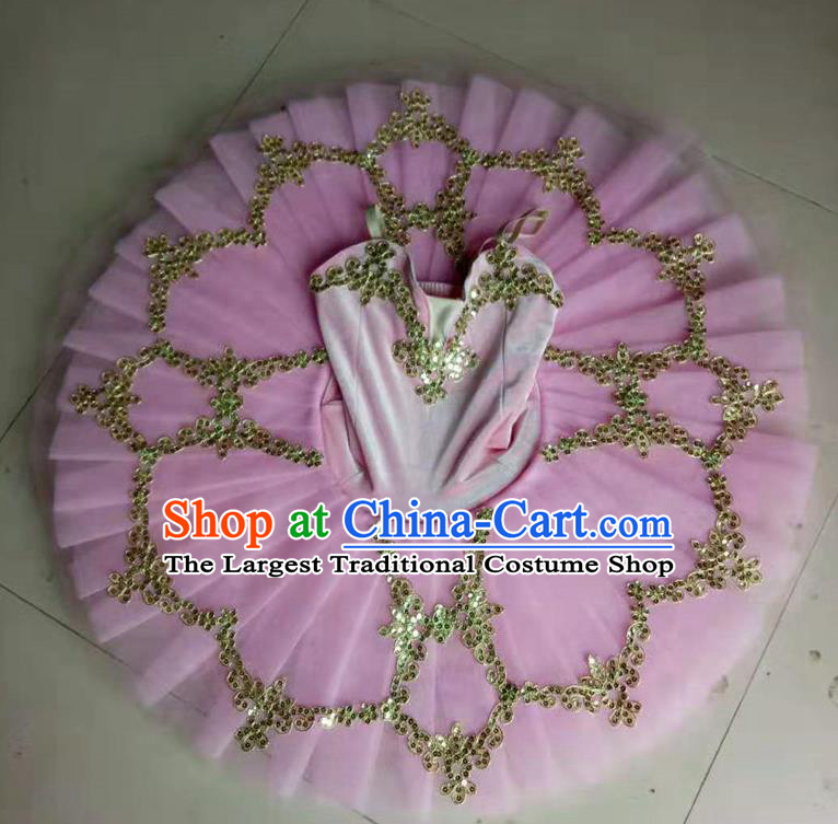 Professional Ballet Dance Tutu Sequins Pink Short Dress Modern Dance Ballerina Stage Performance Costume for Kids