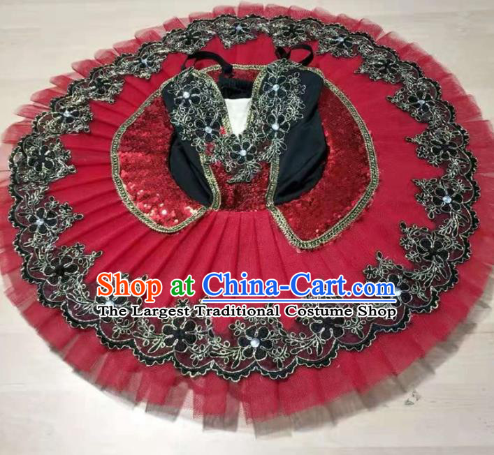 Professional Ballet Dance Tutu Embroidered Red Short Dress Modern Dance Ballerina Stage Performance Costume for Kids