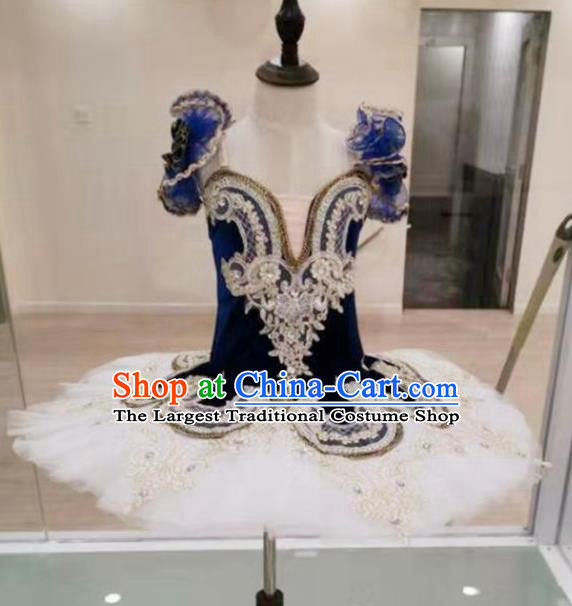 Professional Ballet Dance Tutu Embroidered Royalblue Velvet Short Dress Modern Dance Ballerina Stage Performance Costume for Kids