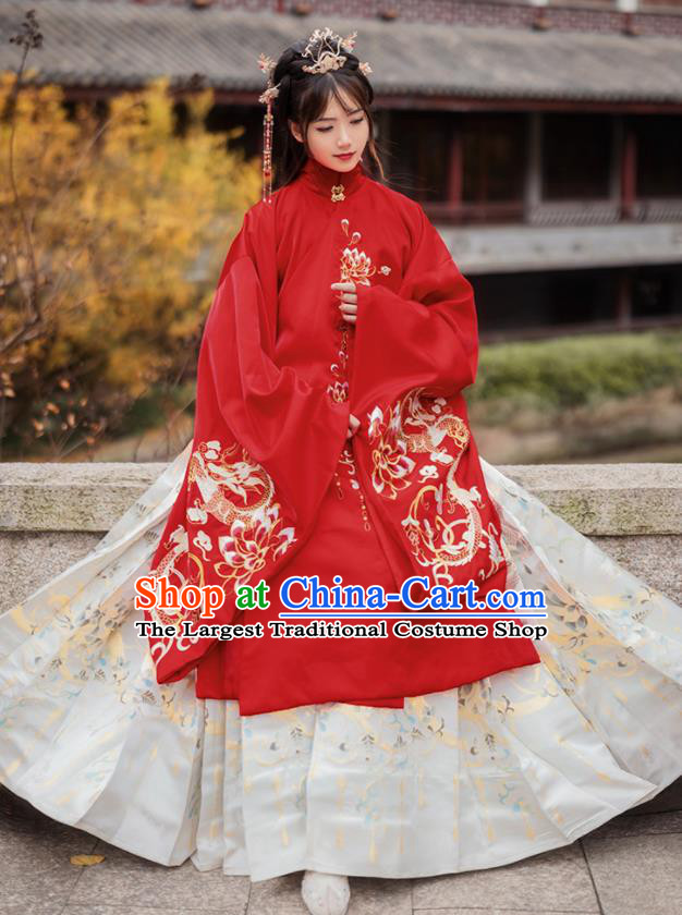 Chinese Traditional Ming Dynasty Princess Wedding Red Brocade Blouse and Skirt Ancient Palace Lady Costumes for Women