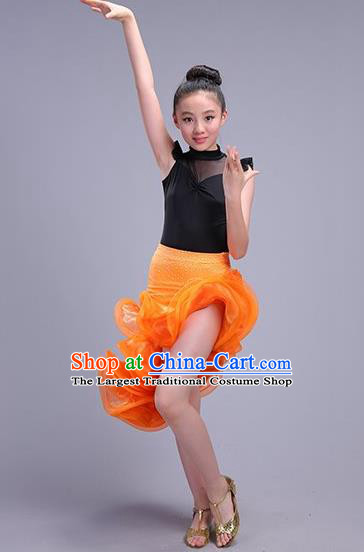 Top Professional Latin Dance Orange Dress Modern Dance Stage Performance Costume for Kids