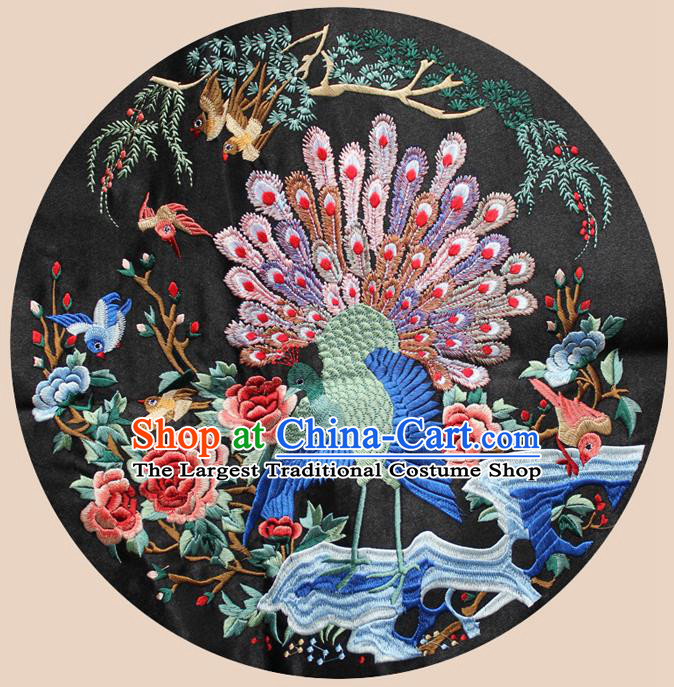 Chinese Traditional Embroidered Peacock Black Round Patch Embroidery Craft Embroidering Accessories