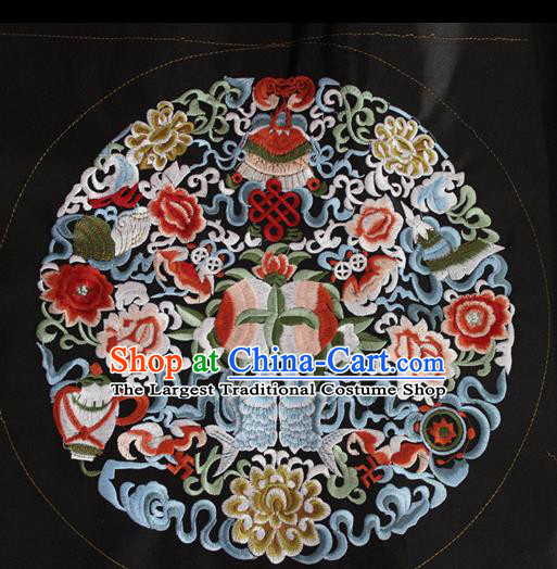 Chinese Traditional Embroidered Lucky Peony Black Round Patch Embroidery Craft Embroidering Accessories