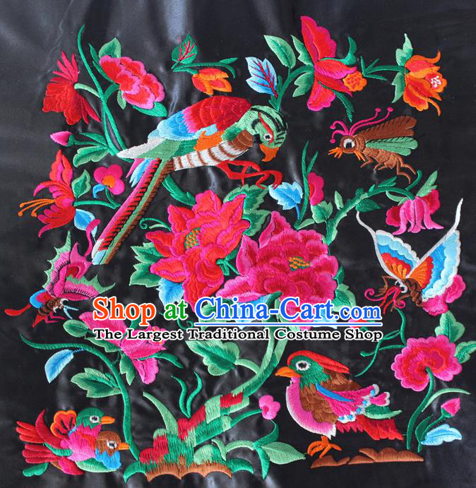 Chinese Traditional Embroidered Flowers Bird Black Applique Embroidery Patch Embroidery Craft Accessories