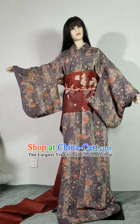 Traditional Japan Geisha Printing Maple Leaf Peony Grey Furisode Kimono Asian Japanese Fashion Apparel Costume for Women