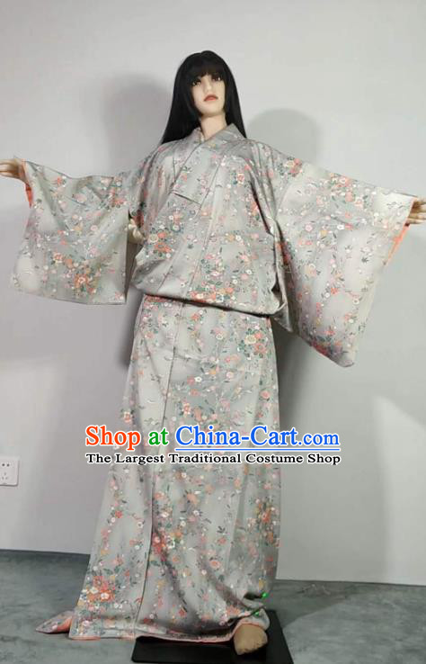 Traditional Japan Geisha Printing Flowers Grey Furisode Kimono Asian Japanese Fashion Apparel Costume for Women