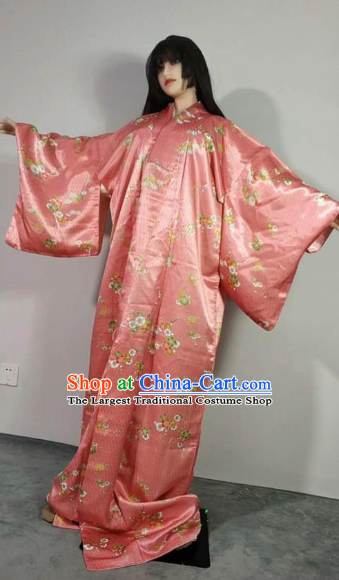 Traditional Japan Geisha Printing Sakura Pink Brocade Furisode Kimono Asian Japanese Fashion Apparel Costume for Women