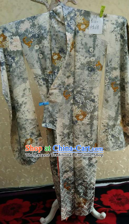 Traditional Japan Geisha Printing Peony Grey Silk Furisode Kimono Asian Japanese Fashion Apparel Costume for Women