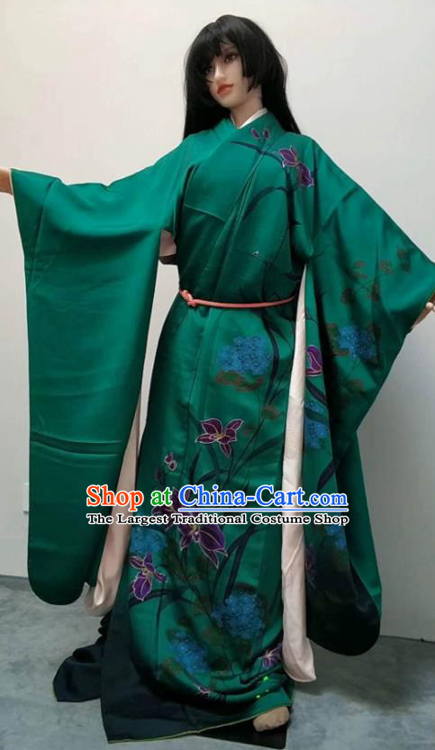 Traditional Japan Geisha Printing Lily Flowers Green Brocade Furisode Kimono Asian Japanese Fashion Apparel Costume for Women